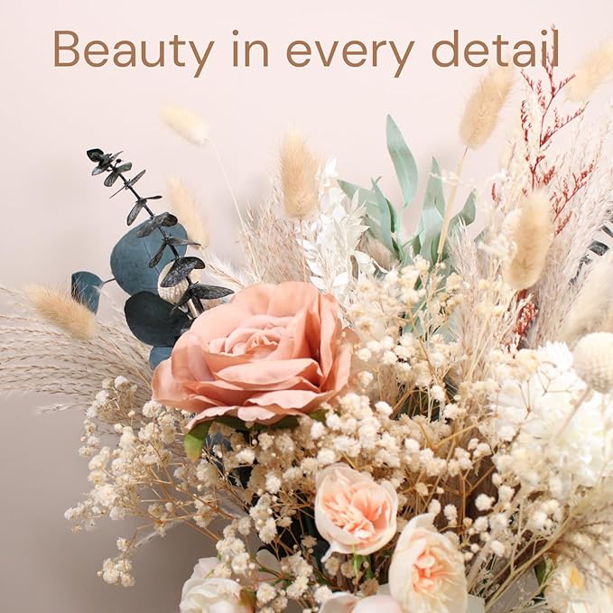 Luxury Floral Arrangement with Vase - Pampas Grass & Artificial Flowers for Kitchen Island, High End Centerpiece Decor, Coffee Table & Dining Table, Farmhouse Boho Home Decor with Dried Flowers