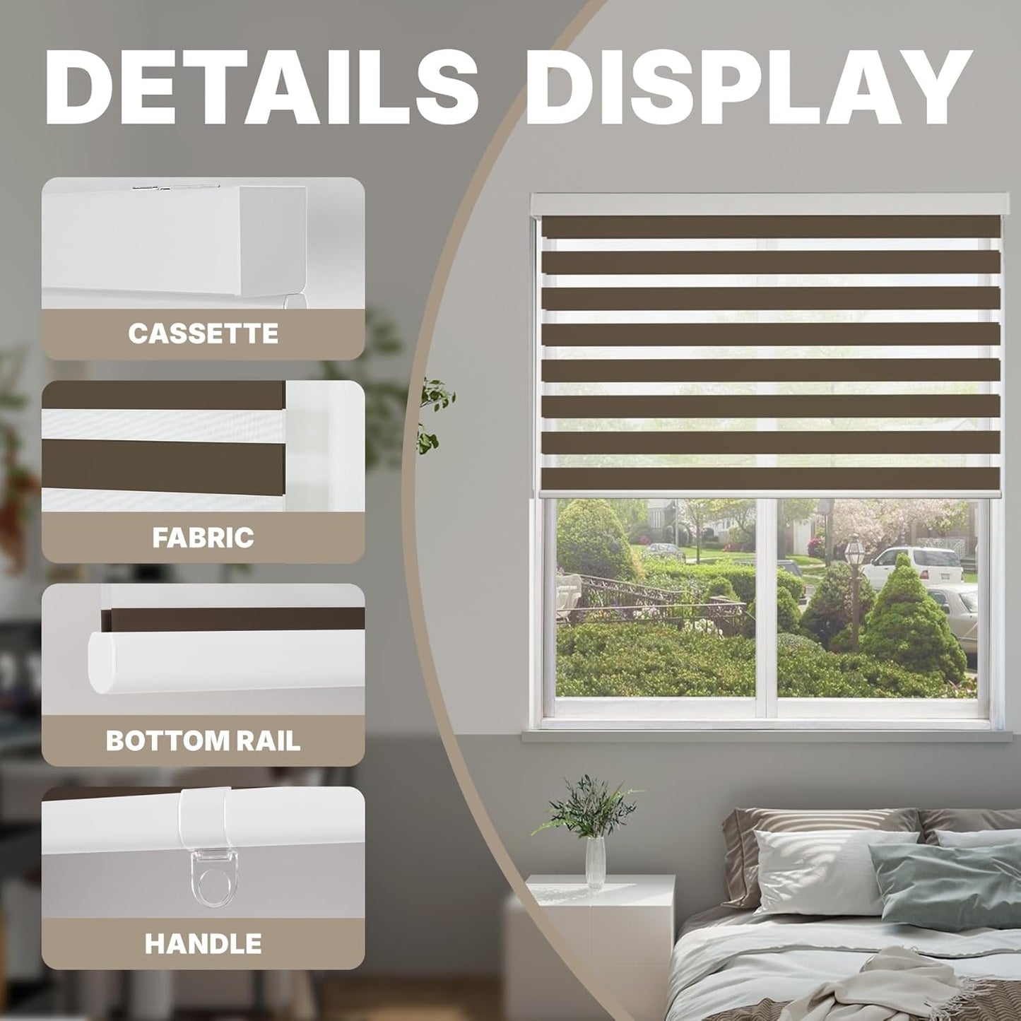 HESTIA Cordless Zebra Blinds Light Filtering Roller Shades UV Blocking Blackout Privacy Indoor Window Shades for Home Office Day and Night, Brown,28" W x 48" H