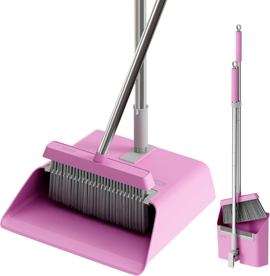 JOYMOOP Pink Broom and Dustpan Set with 56” Handle, Upright Angle with Built-in Comb Teeth for Hardwood Floors and Pet Hair - NestledHome