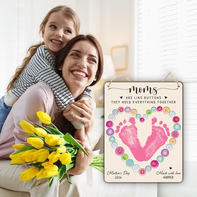 DIY Mothers Day Footprint Craft Button Heart Hanging Sign for Mom Sewing, Baby First Mothers Day Keepsake Gifts for 1st New Mom Crafts, Moms are Like Buttons Footprint Birthday Gift for Seamstress Mom