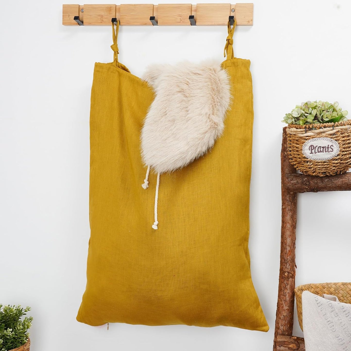 Linen Hanging Laundry Bag, Over The Door Laundry Hamper for Dirty Clothes, Drawstring Closure with Bottom Zipper, Turmeric - NestledHome