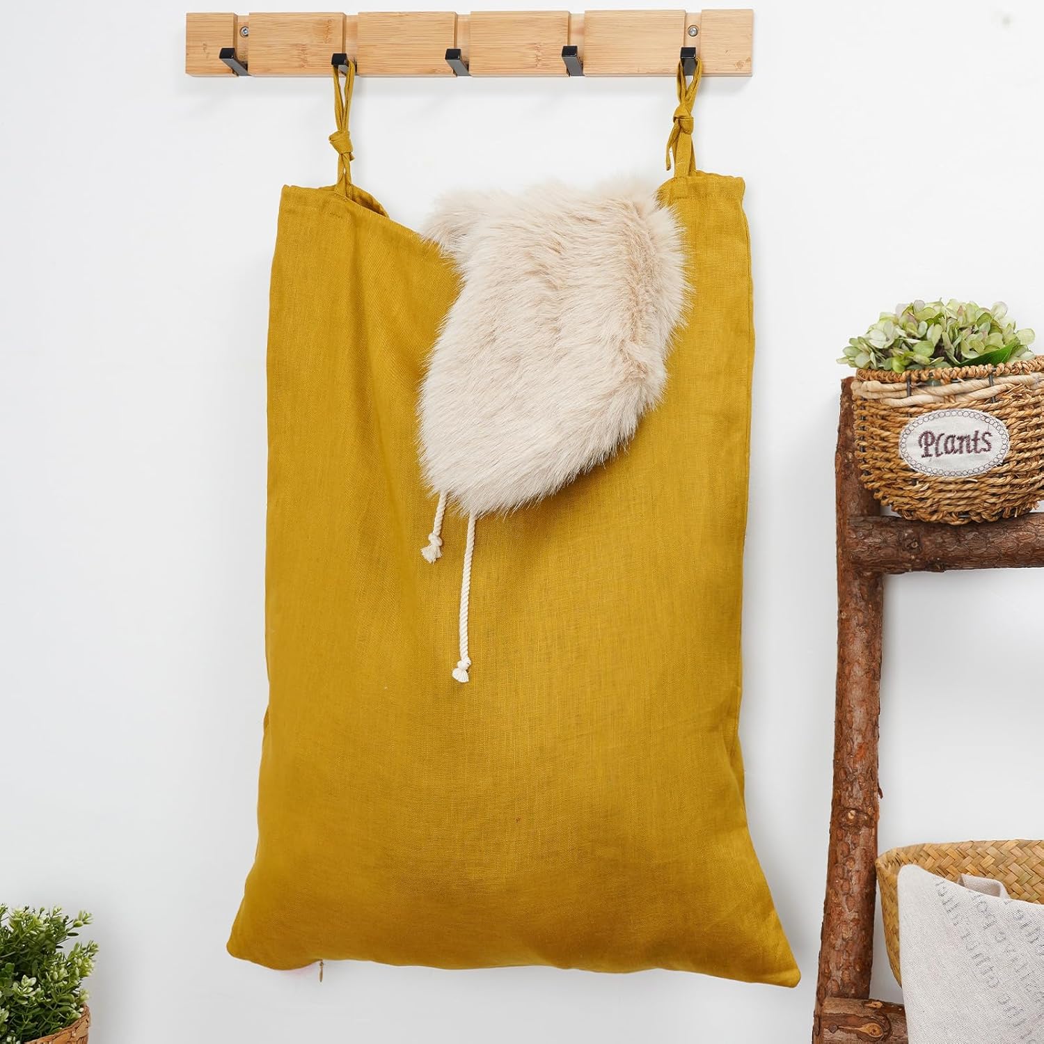Linen Hanging Laundry Bag, Over The Door Laundry Hamper for Dirty Clothes, Drawstring Closure with Bottom Zipper, Turmeric - NestledHome