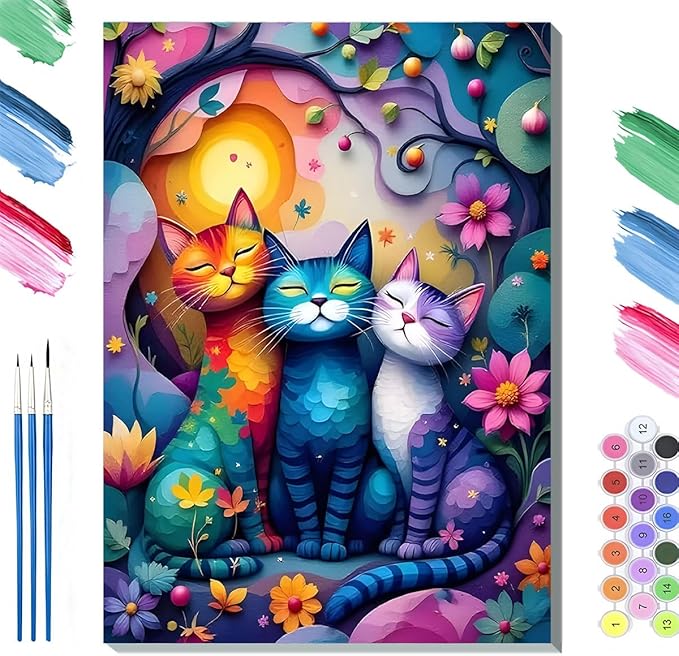 Paint by Numbers Kit for Adults Framed, Colorful Whimsical Cats in Flower Garden, DIY Oil Painting, Pre-Printed Canvas Wall Art Home Decor Gift, 16x20inch Framed, 24 Colors