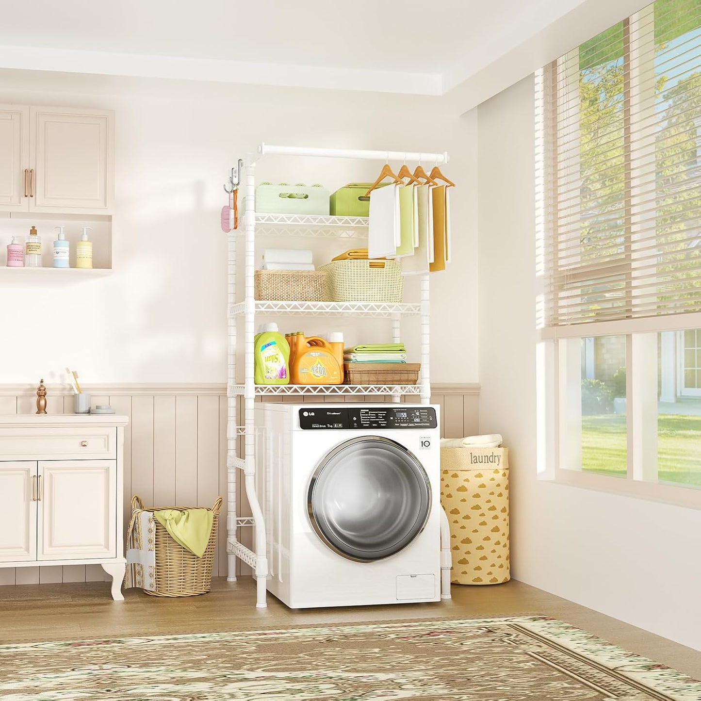 Ulif U11 Medium Over Washer and Dryer Shelves, 3 Tiers Laundry Room Storage and Organizer Standing Shelf, Metal Freestanding Clothes Drying Rack, 31.1”W x 19.7”D x 77.6”H, White - NestledHome