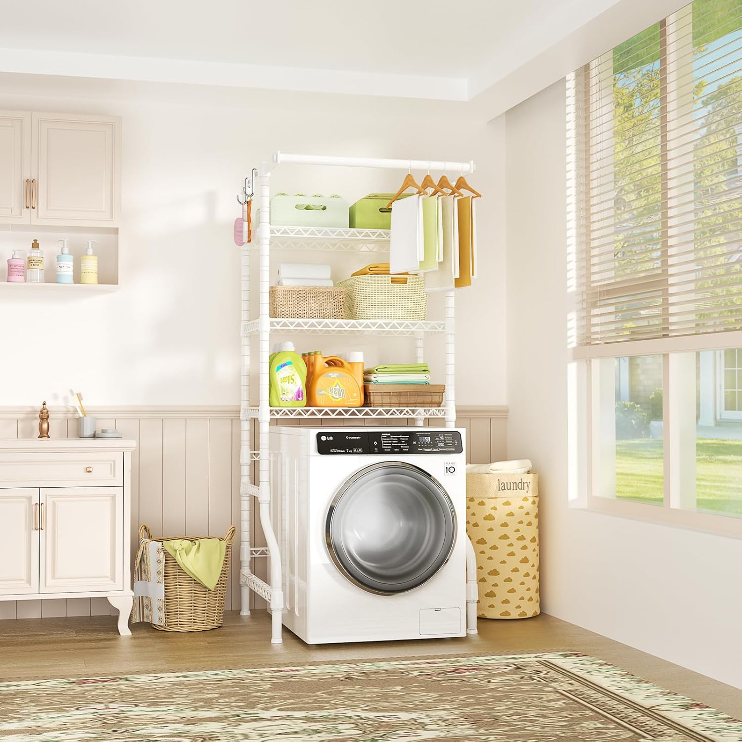 Ulif U11 Medium Over Washer and Dryer Shelves, 3 Tiers Laundry Room Storage and Organizer Standing Shelf, Metal Freestanding Clothes Drying Rack, 31.1”W x 19.7”D x 77.6”H, White - NestledHome