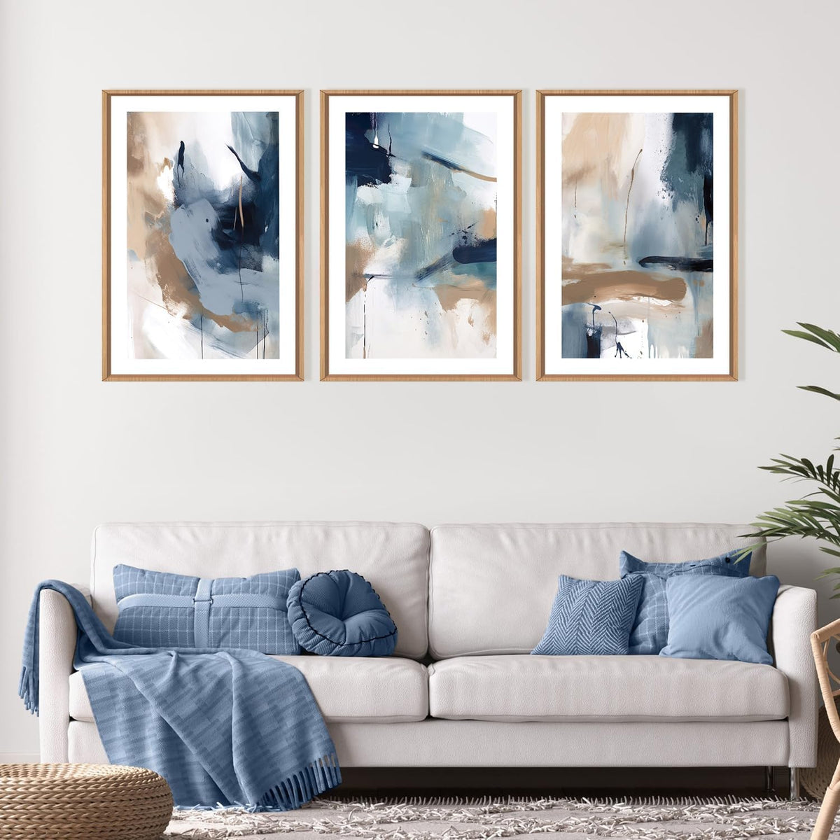 Large Abstract Navy Blue Framed Canvas Wall Art (3 Count)