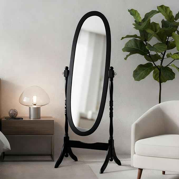Full Length Mirror with Stand, Vintage Style Wood Floor Cheval Mirror, Traditional Adjustable Free Standing Mirrors Full Length (Black)
