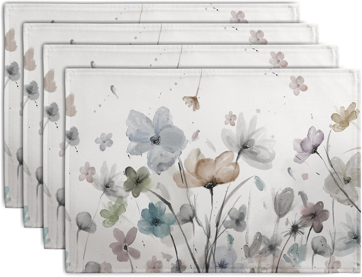 Flower Placemats Set of 4 Brown Cream Grey Poppy Flowers Table Mats Watercolor Rustic Vintage Floral Place Mat Farmhouse Linen Fabric Placemat for Party Kitchen Dining Outdoor Indoor Decor 12x18 Inch