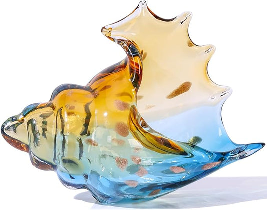 LCCCK Sea Glass Art Figurines Hand Blown Conch Shell Sculpture, Blue Sea Glass Decor Creative Conch Seashell Statue - for Coastal Room Decor Knick Knacks Home Decor Kitchen Decorations Above Cabinets