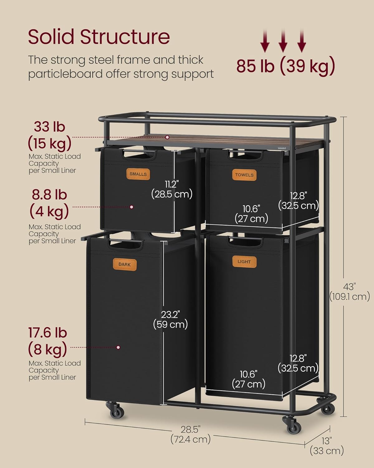 VASAGLE Laundry Sorter, Laundry Hamper with Wheels, 39.6 Gal. (150 L) Portable Rolling Cart Baskets with Shelf, 4 Removable Liners and 6 Labels, Ink Black and Chestnut Brown URLS100B01 - NestledHome