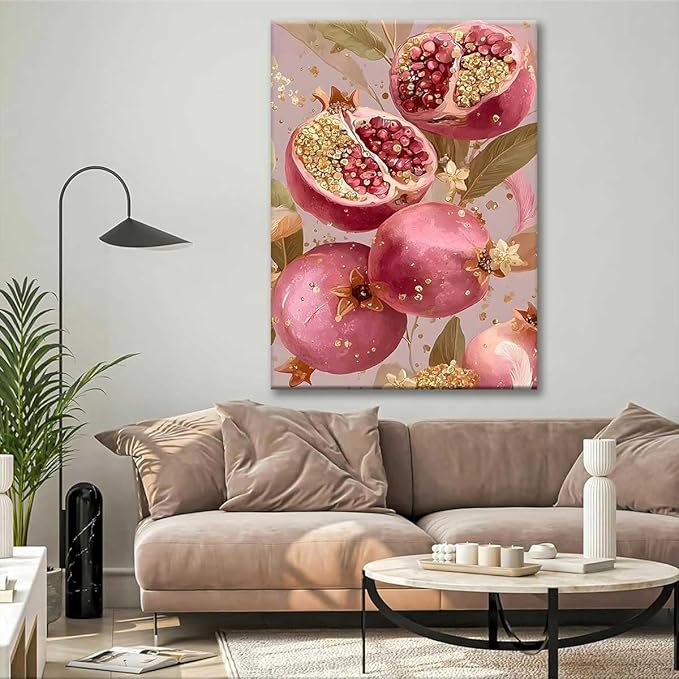 Paint by Numbers Kit for Adults Framed, Pink Pomegranates with Gold Accents, DIY Oil Painting, Pre-Printed Canvas Wall Art Home Decor Gift, 20x24inch Framed, 24 Colors