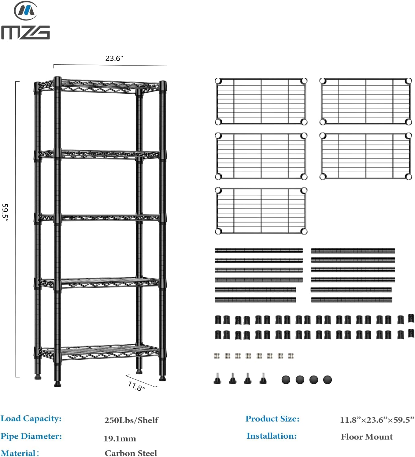1250 lbs 5 Tier Shelf Metal Storage Shelves Wire Rack Closet Organizers for Garage Kitchen Bathroom Laundry Black 11.8" D x 23.6" W x 59.5" H - NestledHome