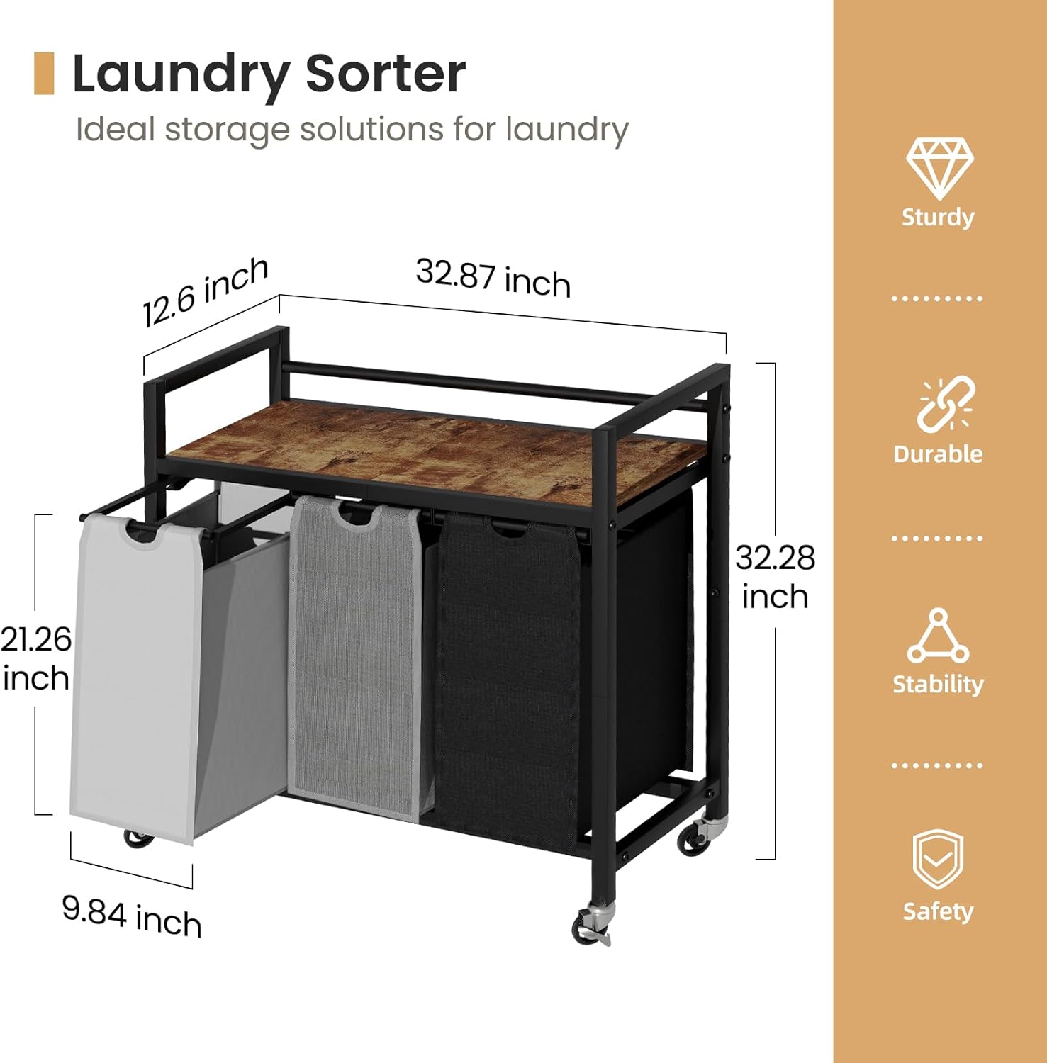 Laundry Hamper, Laundry Basket, Laundry Sorter with 3 Removable Bags, Clothes Basket with 3 Compartments, Wheels, Shelf for Laundry Room Bathroom Bedroom (3 Bags-Black Grey White) - NestledHome
