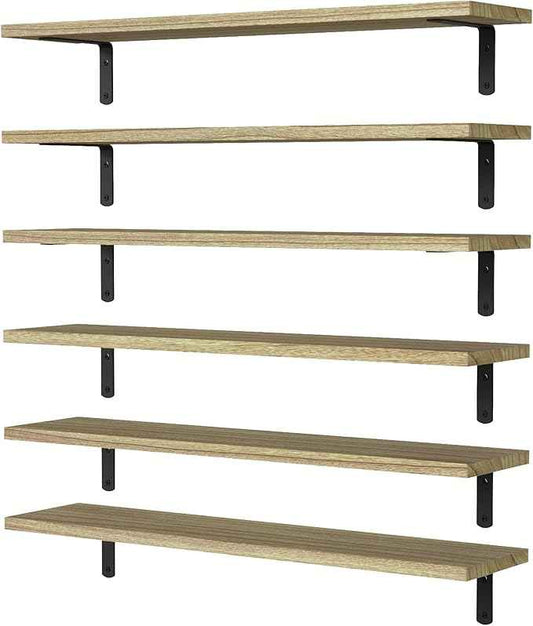 WOPITUES Wood Floating Shelves Set of 6, 24 inch Long Floating Shelves for Wall Decor, Farmhouse Shelf for Bedroom, Bathroom Storage Shelves, Book Shelves for Living Room - Rustic Brown
