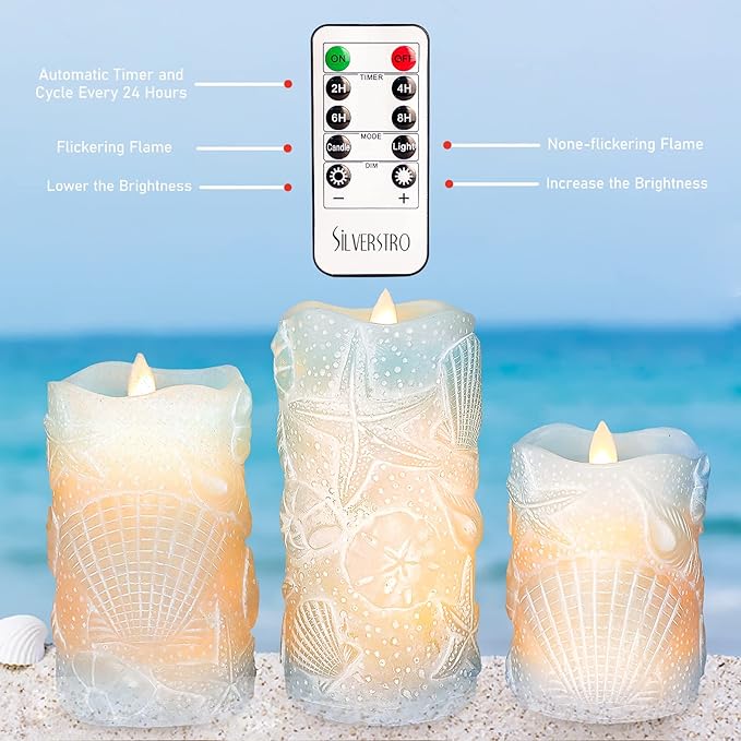 Silverstro Ocean Flameless Candles Remote Carved Seashell Real Wax Flicker Battery Operated Candles for Home Party Wedding Nautical Thanksgiving Christmas Easter Decor - Set of 3(Blue)