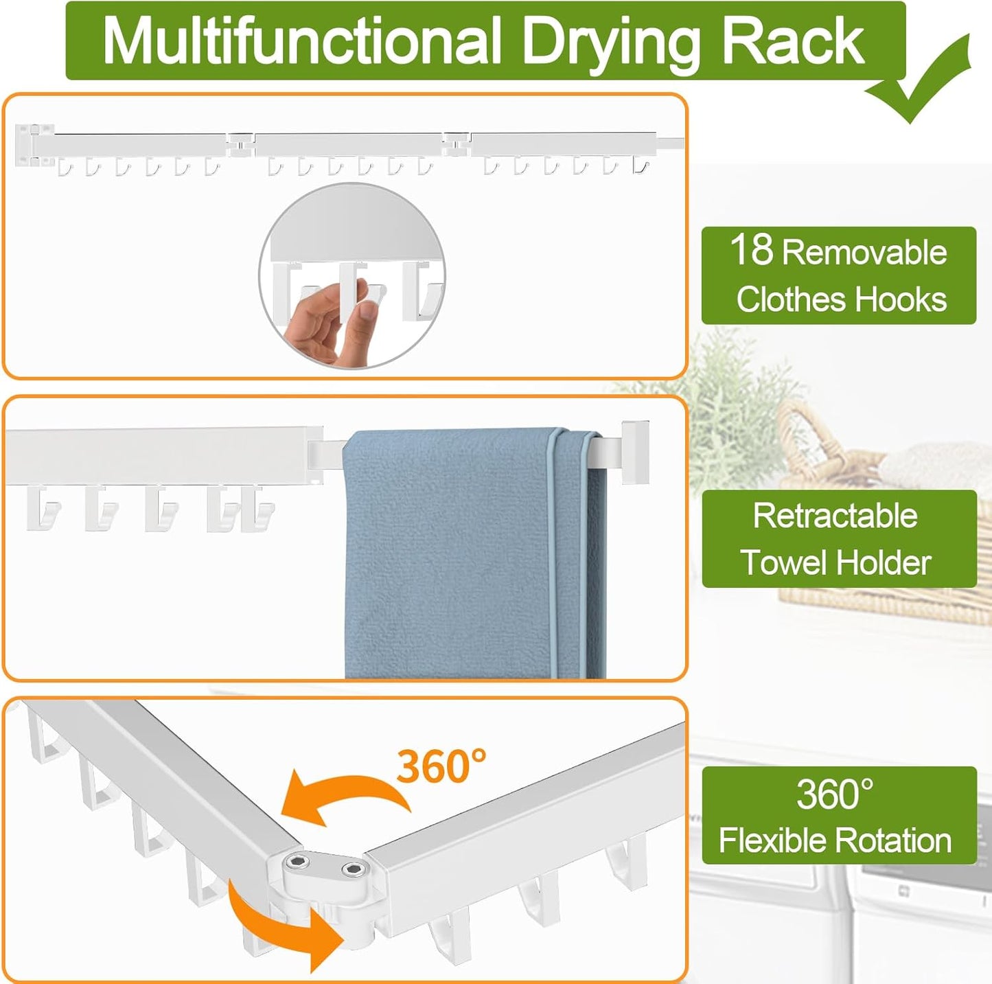 Clothes Drying Rack, Laundry Drying Rack Wall Mount, 3-Fold Wall Mounted Clothes Drying Racks for Hanging Clothes, Foldable & Sturdy Space Saver for Laundry Room -White - NestledHome