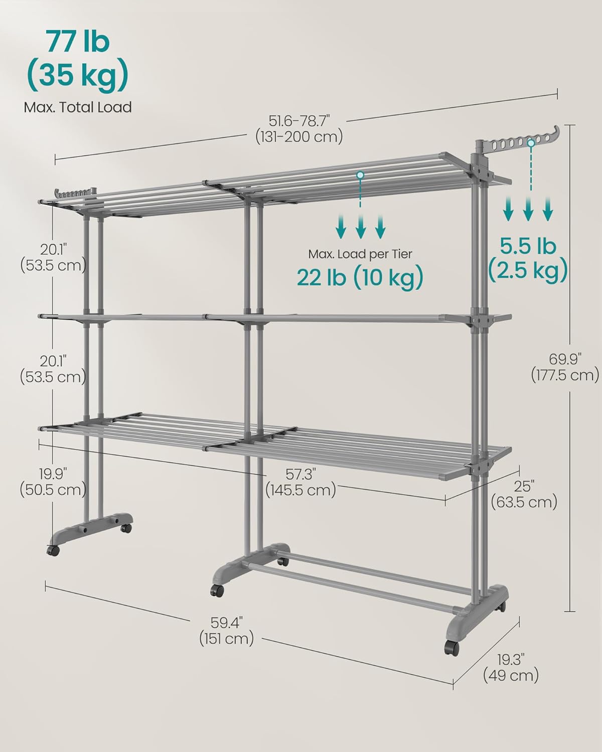 SONGMICS Clothes Drying Rack 4-Tier, Foldable Laundry Drying Rack 69.9-Inch Tall, Extendable Rods, Stainless Steel, Rolling Clothes Horses, Clothes Airer, Indoor Outdoor Use, Dove Gray ULLR704G01 - NestledHome
