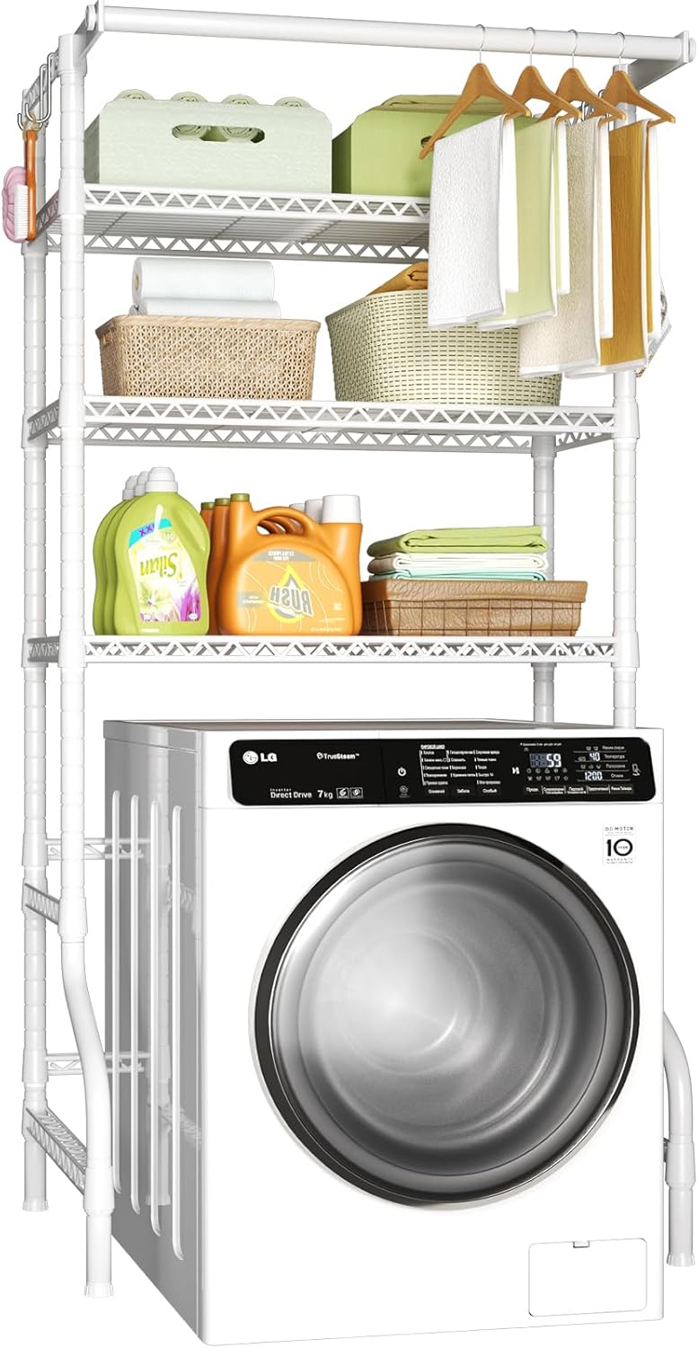 Ulif U11 Over Washer and Dryer Shelves, 3 Tiers Laundry Room Storage and Organizer Standing Shelf, Metal Freestanding Clothes Drying Rack, 33.9" W x 19.7" D x 77.6" H, White - NestledHome