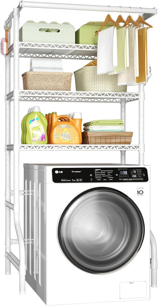 Ulif U11 Over Washer and Dryer Shelves, 3 Tiers Laundry Room Storage and Organizer Standing Shelf, Metal Freestanding Clothes Drying Rack, 33.9" W x 19.7" D x 77.6" H, White - NestledHome