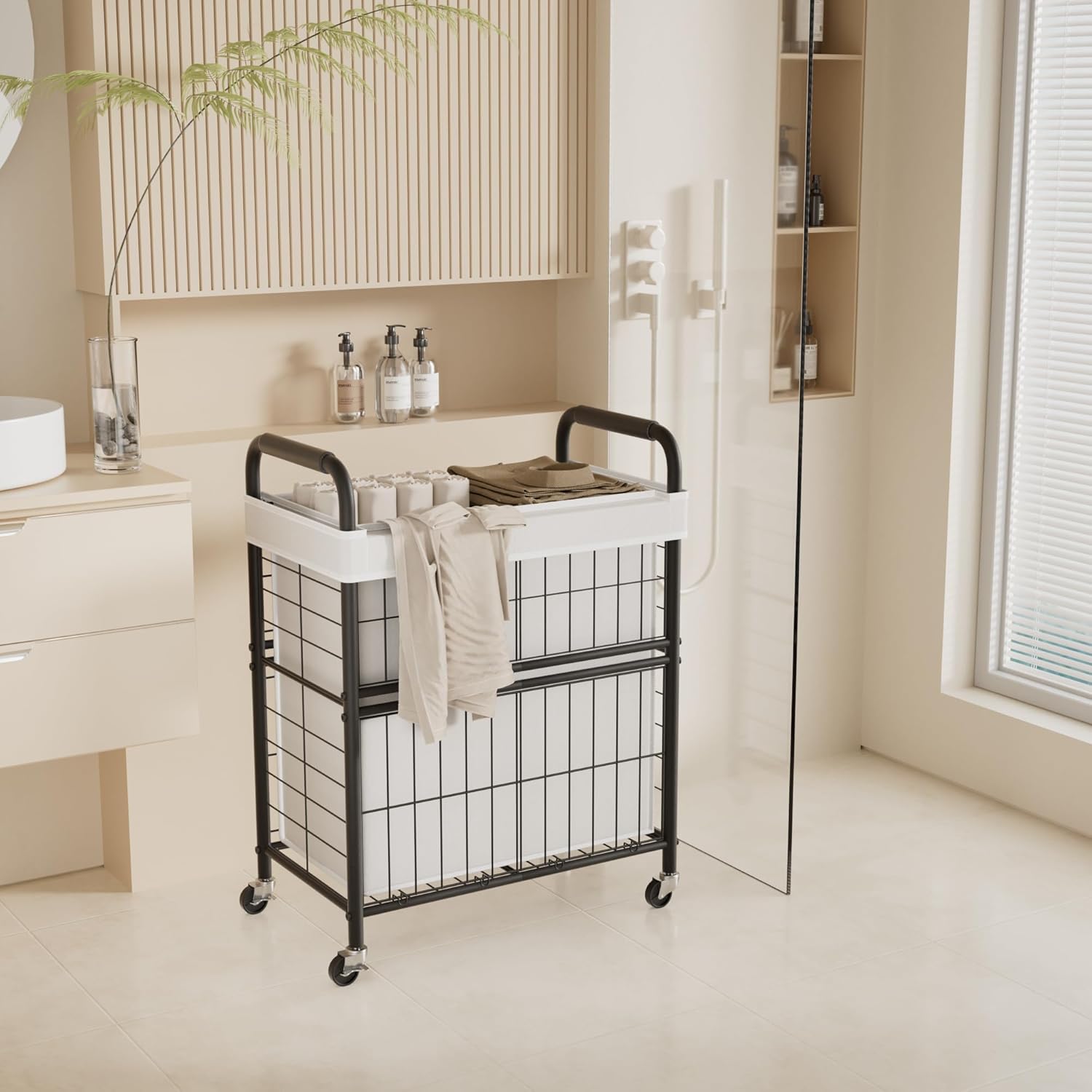 Laundry Hamper 2 Section, 110L Rolling Laundry Sorter Basket with Wheels, 2 Compartment Clothes Organizer Cart, Pull-Out Removable Bags for Laundry Room, Bathroom, Bedroom, White - NestledHome