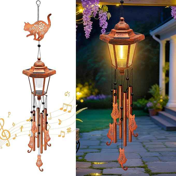 Large Solar Cat Wind Chimes, Gifts for Women Mom Grandma Wife Sister Daughter Neighbor Nana, Classic Bronze Wind Chimes With Wind Catcher, Solar Decor Lights For Outdoor Garden Patio Yard Porch Window