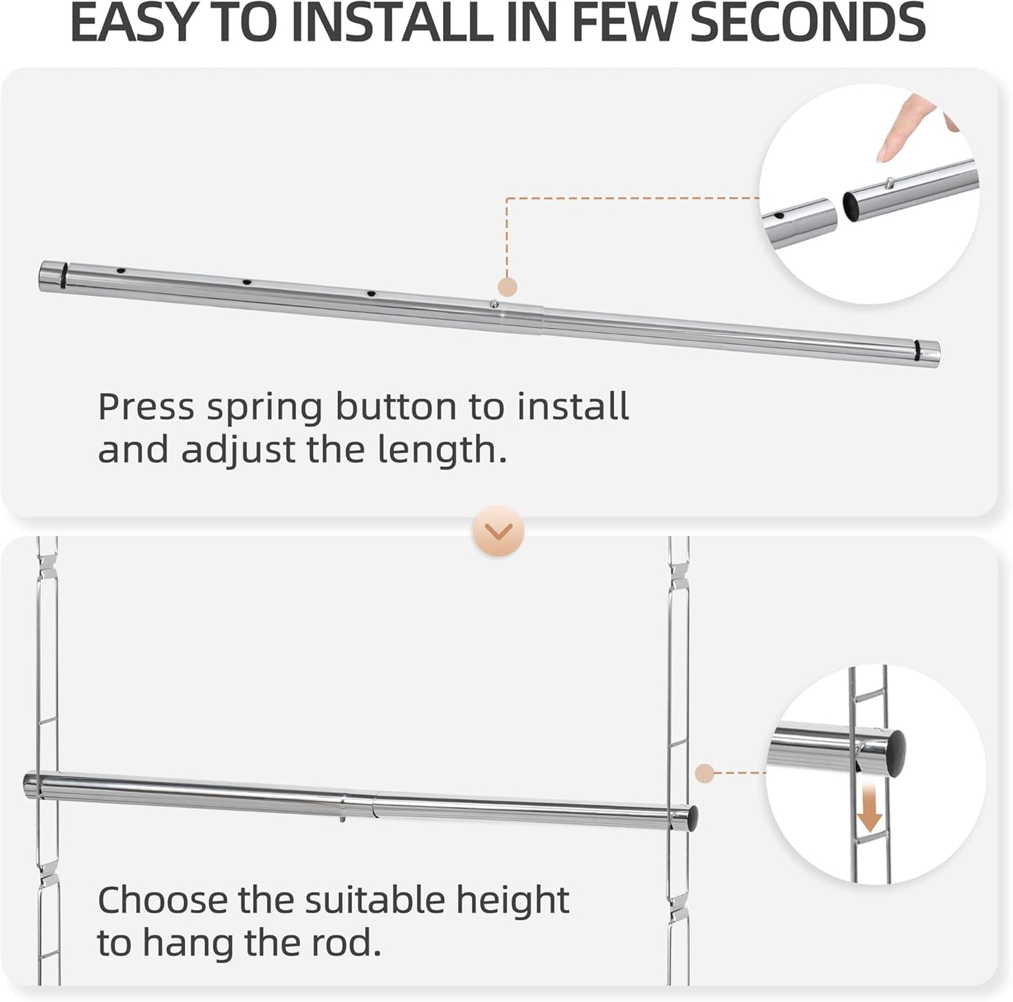 STORAGE MANIAC Hanging Closet Rod, Adjustable Width and Height Closet Hanging Organizer, Space-Saving Clothes Hanging Bar, Closet Extender Hanging Rod Double Closet Hanging Rod, 1 Pack Chrome - NestledHome
