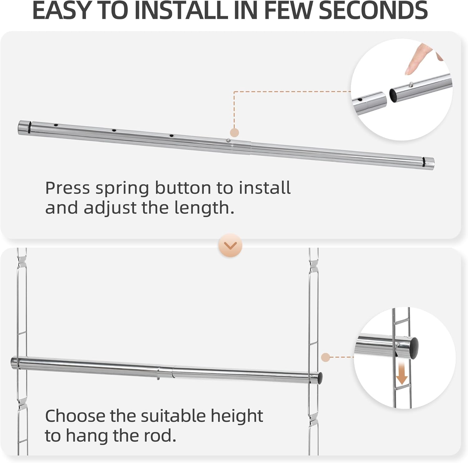 STORAGE MANIAC Hanging Closet Rod, Adjustable Width and Height Closet Hanging Organizer, Space-Saving Clothes Hanging Bar, Closet Extender Hanging Rod Double Closet Hanging Rod, 1 Pack Chrome - NestledHome