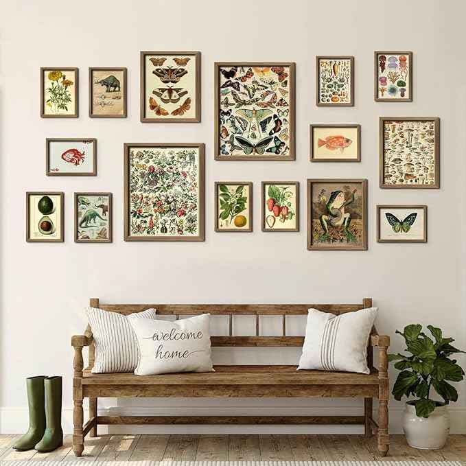 16 PCS Framed Vintage Wall Art Decor, Botanical Cottagecore Wall Prints for Bedroom, Gallery Wall Frame Set, Farmhouse Posters for Living Room Aesthetic, Rustic Dorm Home Collage Kit