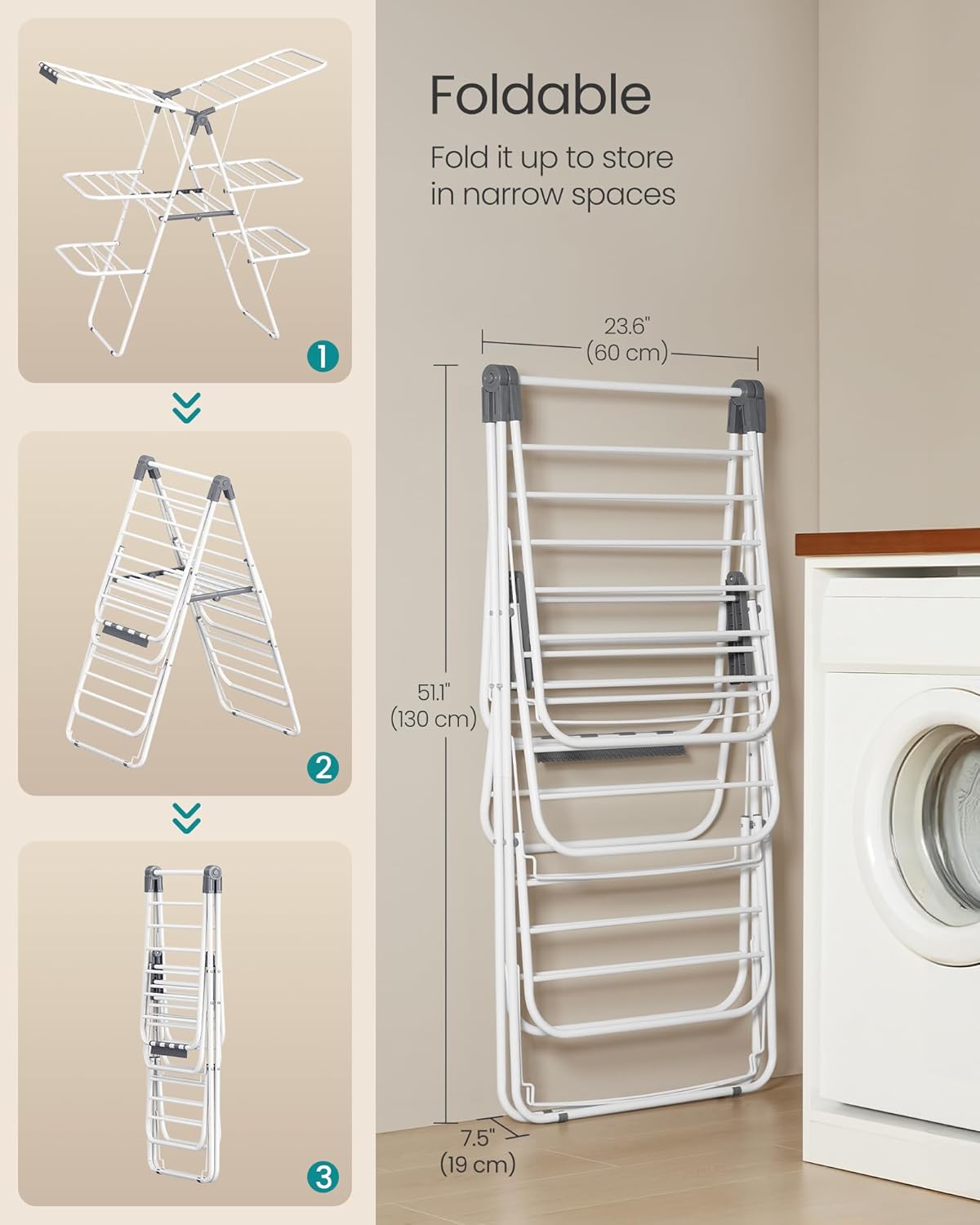 SONGMICS Clothes Drying Rack, Foldable 3-Level Laundry Rack, Free-Standing Large Drying Rack, with Height-Adjustable Wings, 39 Drying Rails, Sock Clips, White and Gray ULLR054W01 - NestledHome