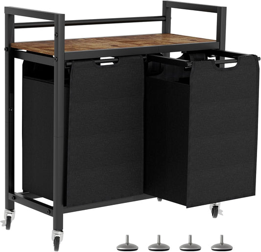 Laundry Hamper, Laundry Basket, Laundry Sorter with 2 Removable Bags, Clothes Basket with 2 Compartments, Wheels, Shelf for Laundry Room Bathroom Bedroom (2 Bags-Black) - NestledHome