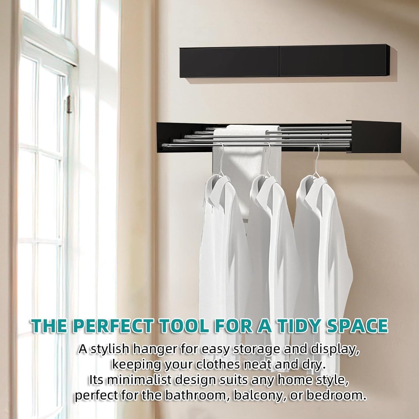 Laundry Drying Rack Collapsible, Wall Mounted Clothes Drying Rack. 39.37" Wide, 19.3 Linear Ft, 5 Aluminum Rods, with Wall Template, Screwdriver Bit (Black 1M) - NestledHome
