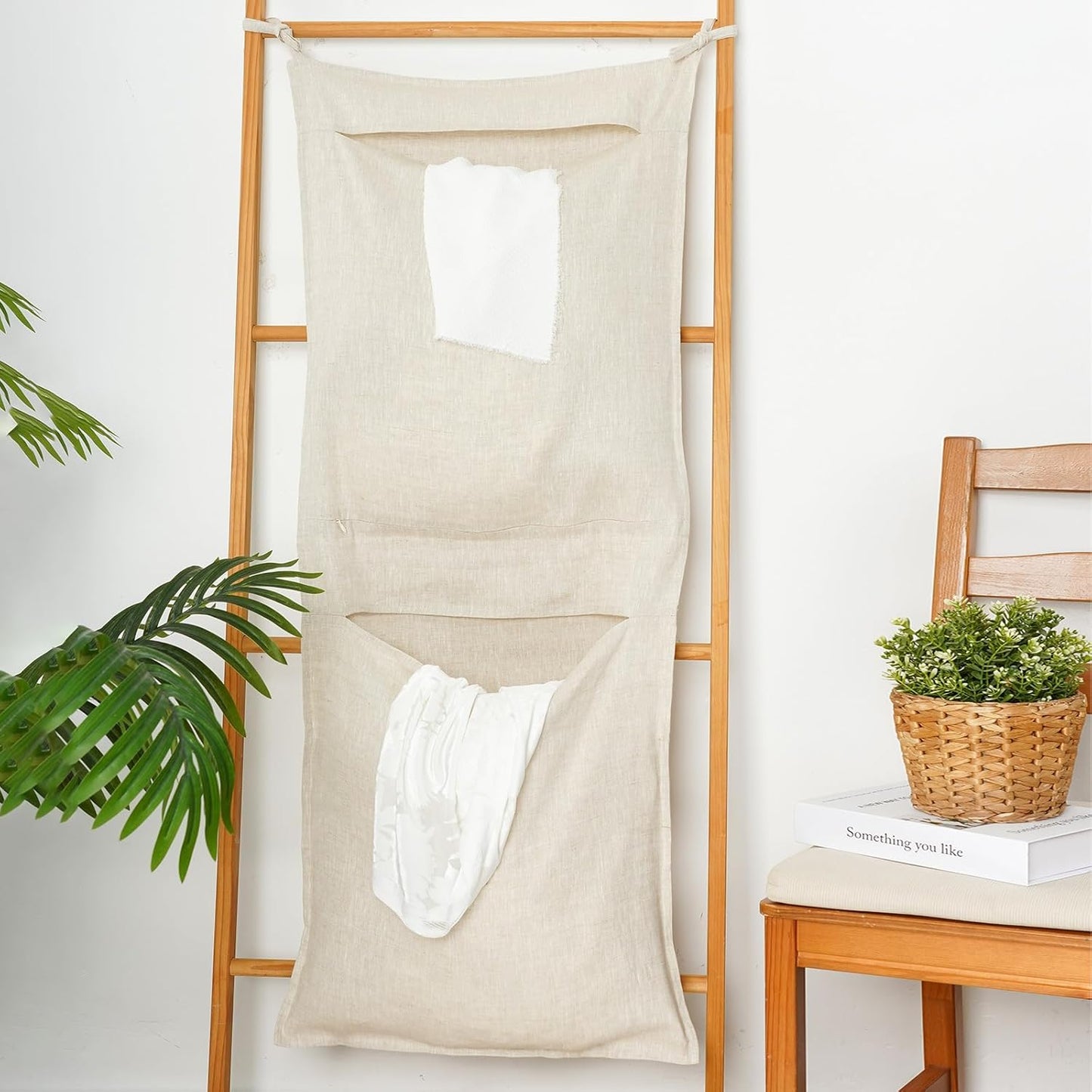 100% Linen Hanging Laundry Bag with 2 Compartments, Over the Door Laundry Hamper, Dirty Clothes Space Saving Organizer 19.7 x 47 Inches, Linen - NestledHome