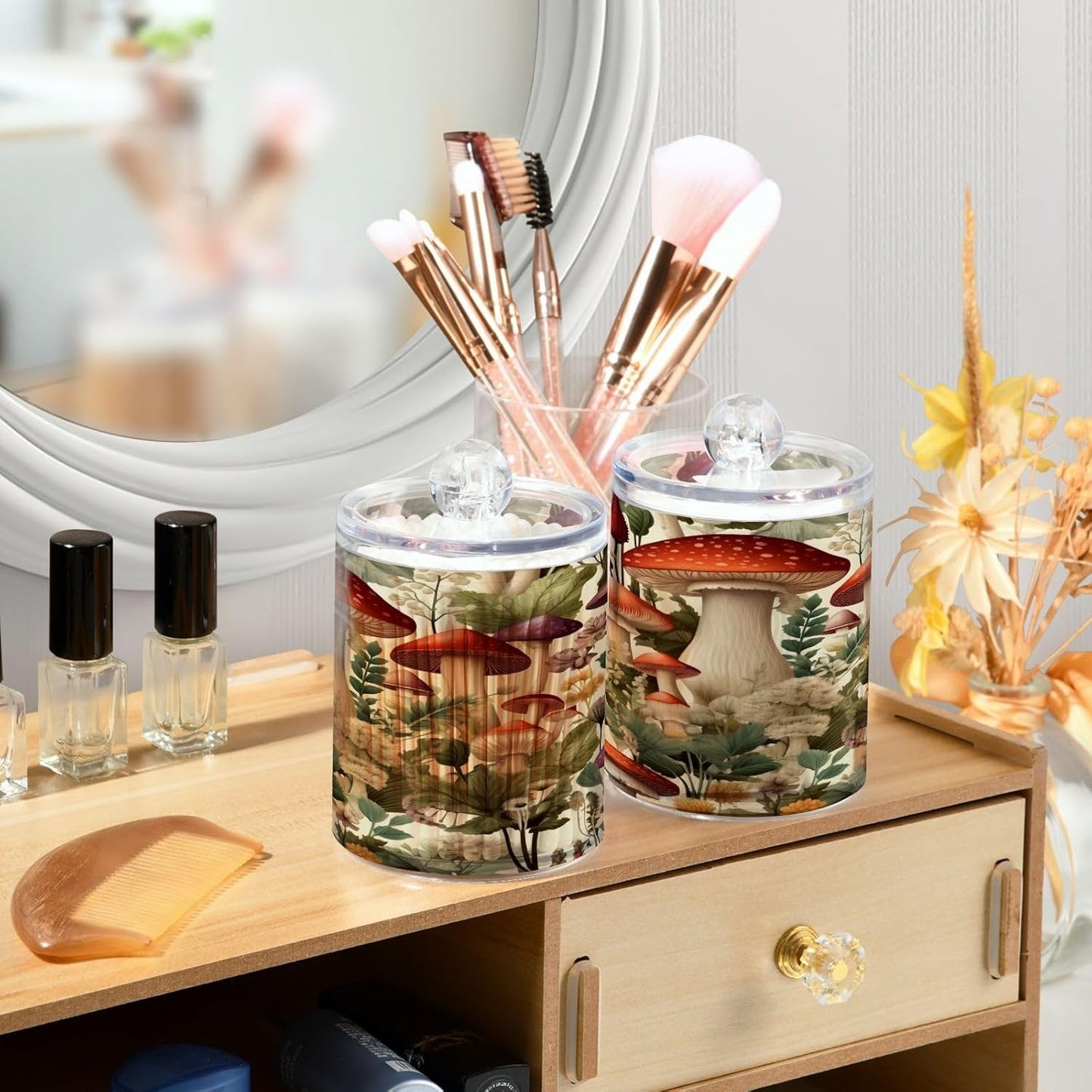 Cartoon Mushroom 2PC Airtight Transparent Plastic Storage Jar, Food Storage Container Glass, Can Store Candy, Salt, Coffee Beans, With lid, Easy To Use