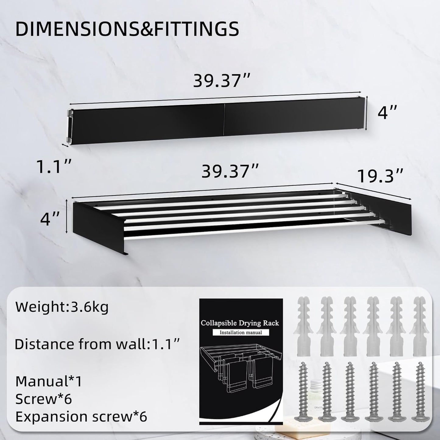 Laundry Drying Rack Collapsible, Wall Mounted Clothes Drying Rack. 39.37" Wide, 19.3 Linear Ft, 5 Aluminum Rods, with Wall Template, Screwdriver Bit (Black 1M) - NestledHome
