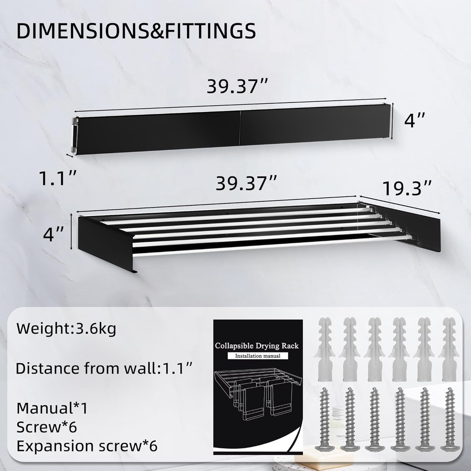 Laundry Drying Rack Collapsible, Wall Mounted Clothes Drying Rack. 39.37" Wide, 19.3 Linear Ft, 5 Aluminum Rods, with Wall Template, Screwdriver Bit (Black 1M) - NestledHome