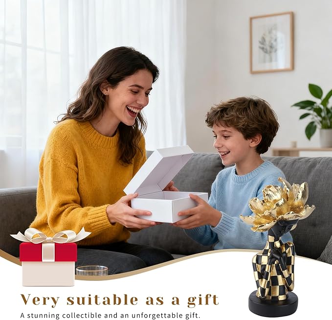 African Woman Sculpture with Golden Flower Headpiece – Black and Gold Resin Figurine for Home Decor, Elegant African Lady Statue, Modern Ethnic Art Ornament, Gift for Women