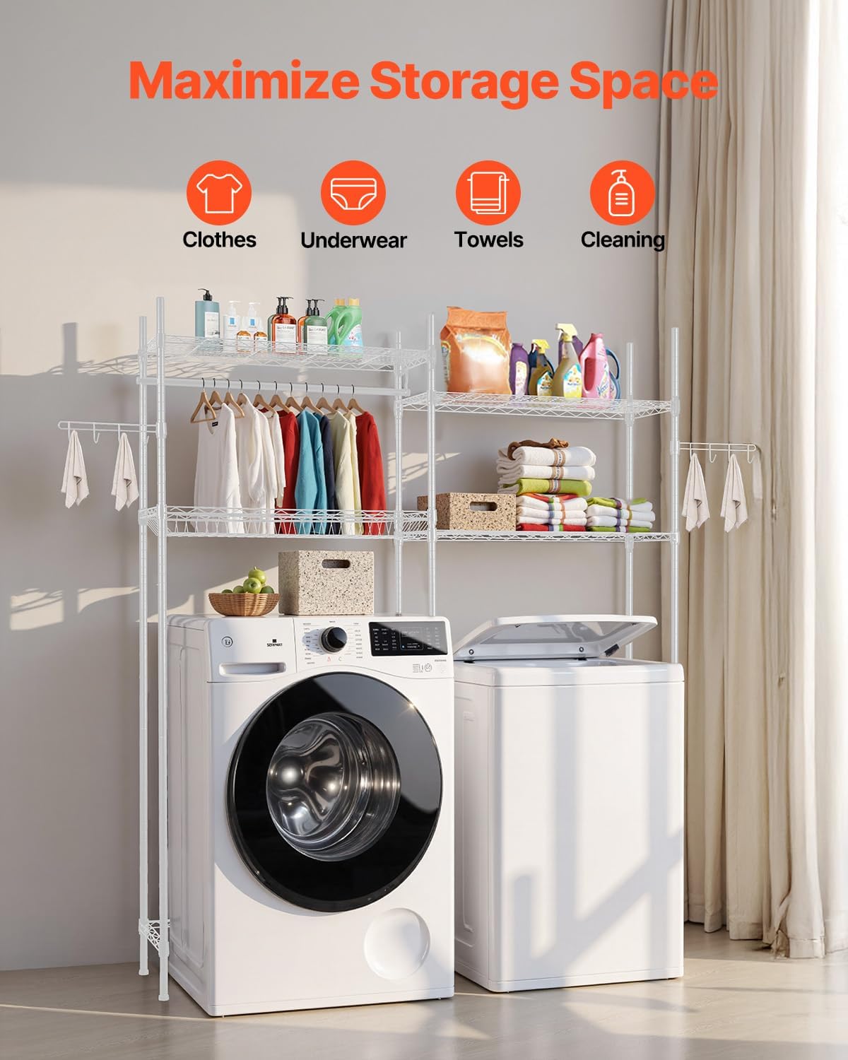 VEVOR Over The Washer and Dryer Storage Shelf, 4 Tier Laundry Room Drying Rack with Hanger Rod and Hooks, Adjustable Over Washer and Dryer Shelves, Laundry Room Shelf Storage Space Saver, White - NestledHome