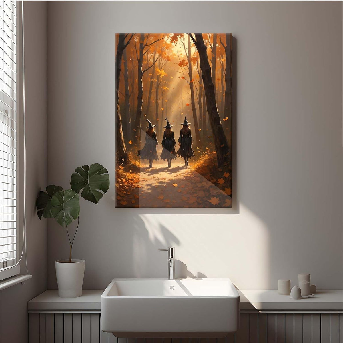 JFHCQJPK Three witches walking in the forest in autumn canvas painting gothic poster halloween print country witch wall art for home decoration24x36in Frameless