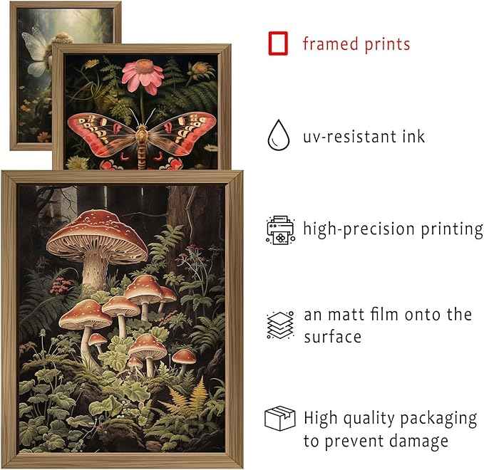 ANERZA 16 PCS Framed Dark Cottagecore Wall Art Decor, Cottage Core Wall Prints for Bedroom, Gallery Wall Frame Set, Fairycore Posters for Living Room Aesthetic, Nature Forest Mushroom Dorm Home Decor