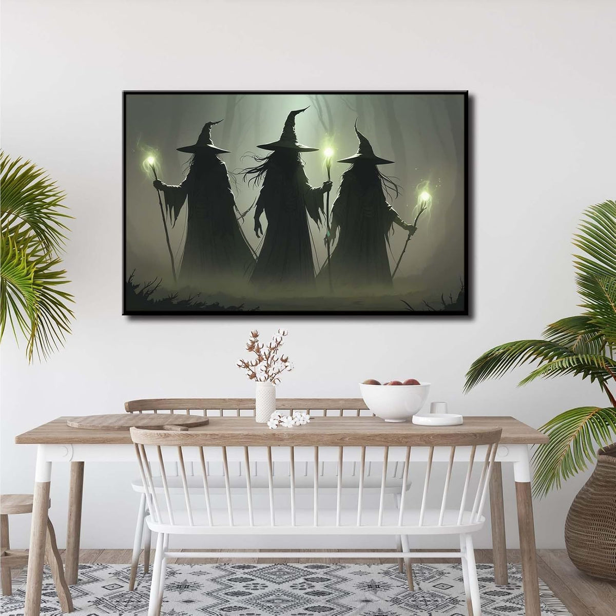 JFHCQJPK Vintage 3 witches canvas wall decor melancholy dark Halloween poster wall decor holding a staff print Gothic horror Halloween painting print for living room bedroom8x12in Metal blackFramed