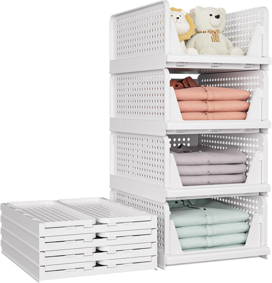 SNSLXH 5 Pack Stackable Closet Storage Basket, Multifunctional & Foldable Closet Organizer for Bathroom Kitchen Laundry Room Wardrobe Storage, Space-Saving Clothes Storage Drawer Organizer, White - NestledHome