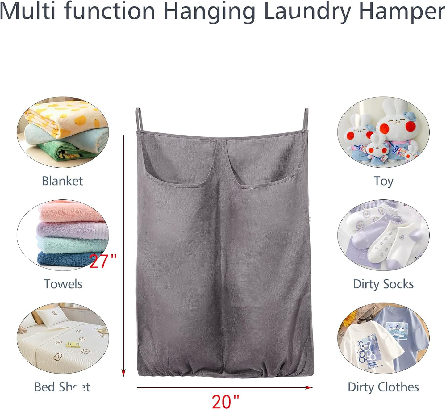 100% Pure Linen Dual Hanging Laundry Bag with 2 Deep Pocket and 2 Side Zipper 20x27in, Over The Door Laundry Hamper Space Saving Hampers for Dirty Clothes Home Travel, Grey - NestledHome