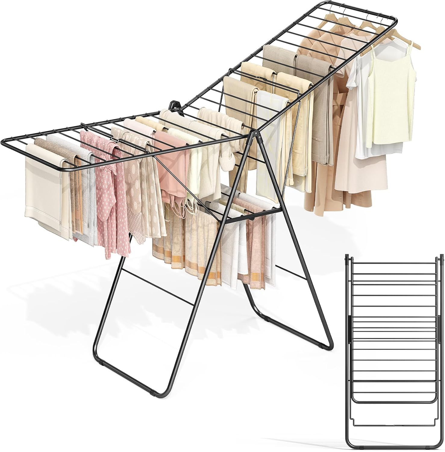 APEXCHASER Clothes Drying Rack, Oversized Drying Rack Clothing with Height-Adjustable, Foldable Gullwings Metal Laundry Rack, Indoor Outdoor Use, No Assembly, Black - NestledHome