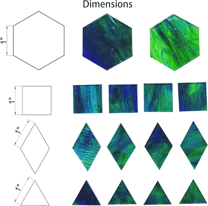 100pcs Stained Glass Mosaic Tiles - 1 Inch Each Side Dark Green & Blue Mixed Shapes (Triangle, Diamond, Square, Hexagon) for Crafts, Precut Glass Pieces, Mosaic Kits for Adults