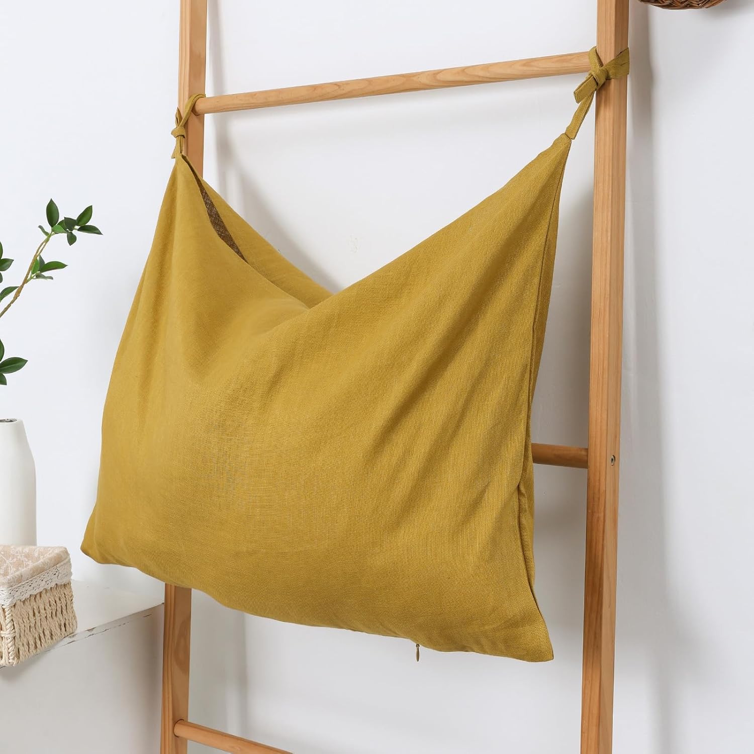Hanging Linen Laundry Bag, 100% Pure Flax Linen Over The Door Hamper with Bottom Zipper for Laundry Room, Household Dirty Cloth Storage Organizer Bag, Turmeric - NestledHome