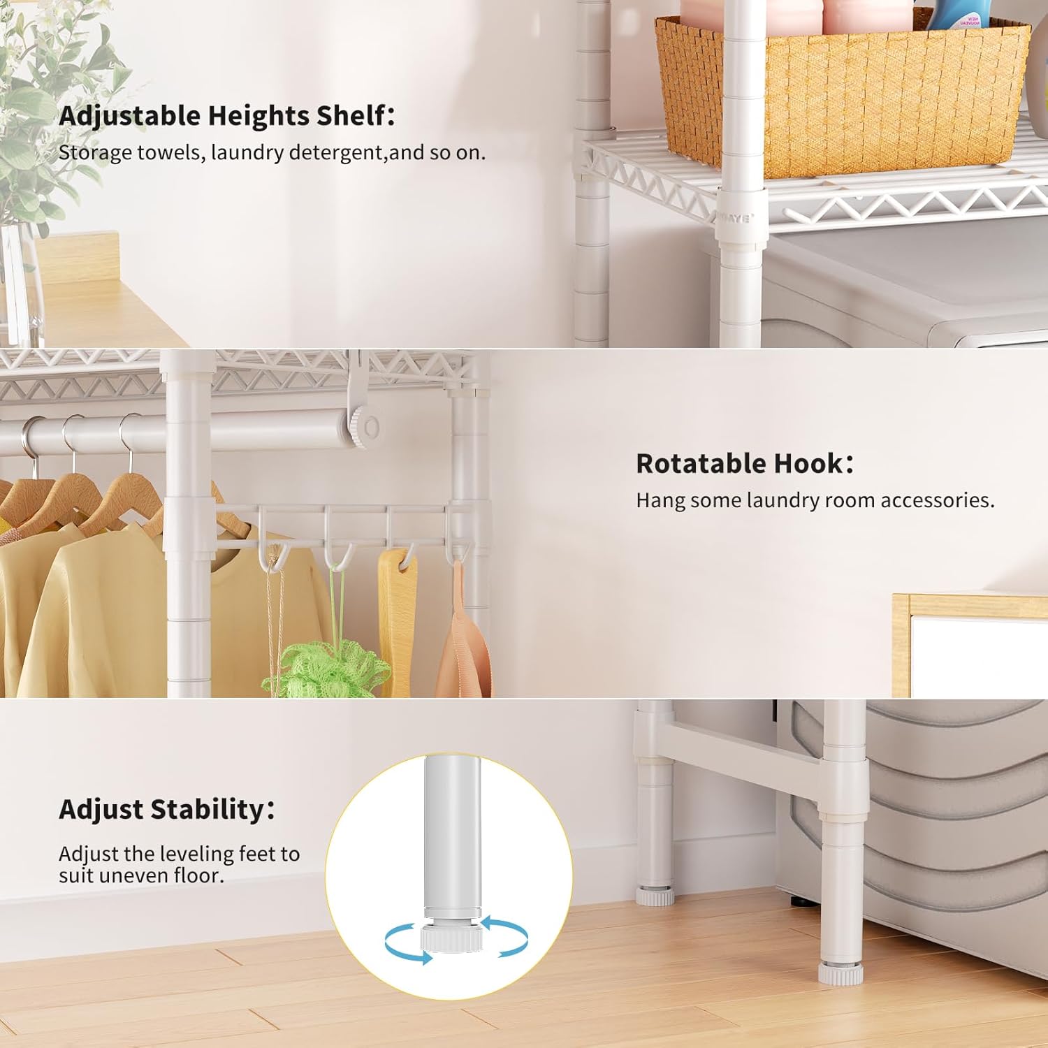 Over Washer and Dryer Shelves,2 Tier Adjustable Height Wire Shelving Laundry Room Storage Organization Clothes Drying Rack with Hanger Rod&Hooks,Space Saving Organizers Shelf,White - NestledHome