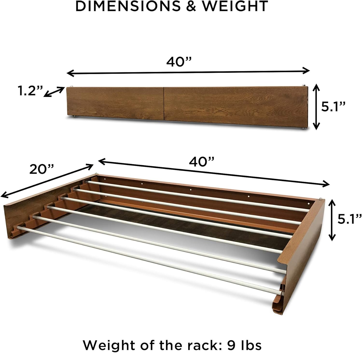 Step Up Laundry Drying Rack (40-INCH Wide - Wood-Look), Wall Mounted, Retractable Clothes Drying Rack, 60lbs Capacity, 20 Linear Ft, with Wall Template and Long Screwdriver Bit - NestledHome