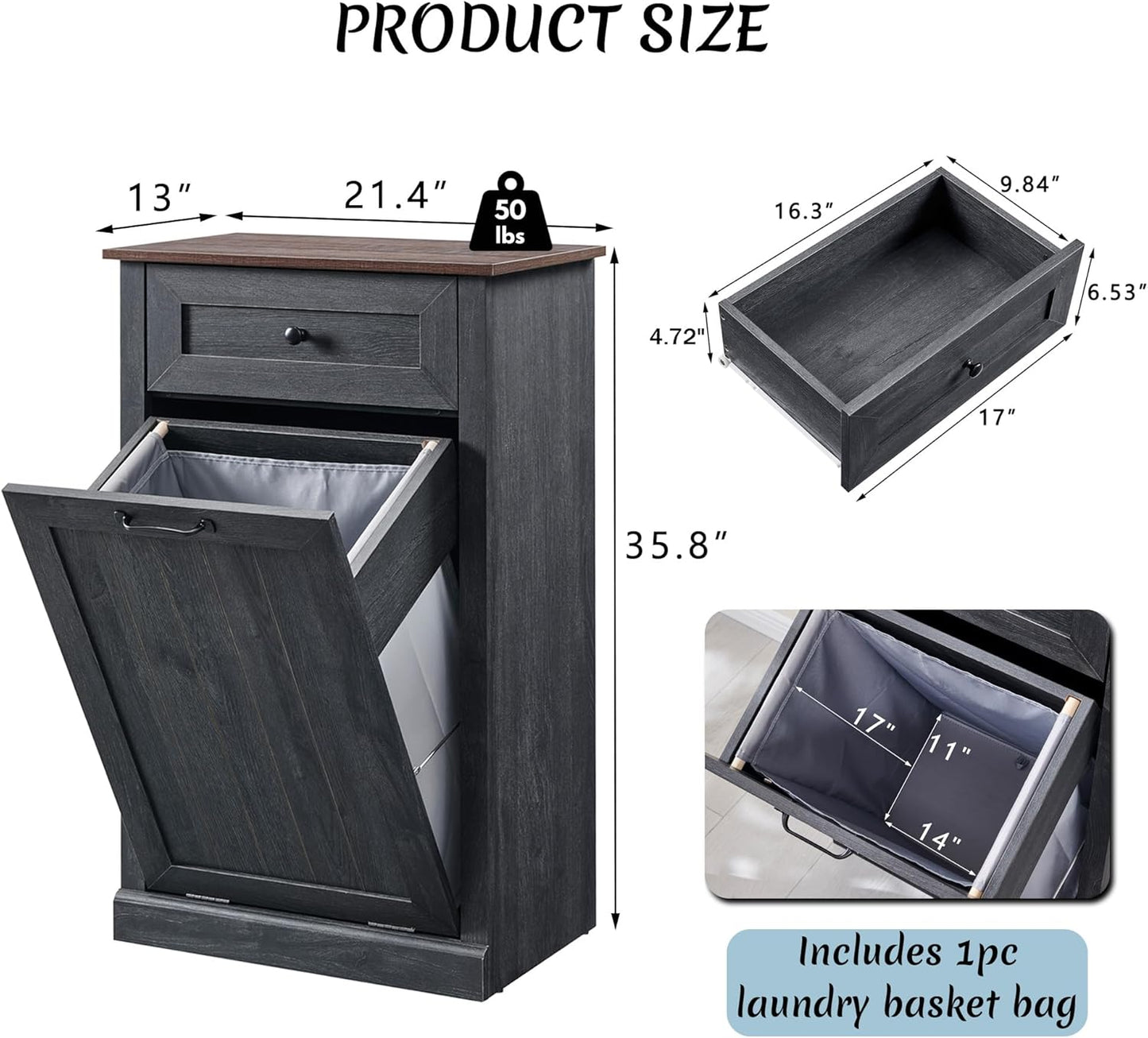 Tilt Out Laundry Hamper Cabinet, 10 Gallon Farmhouse Trash Can Cabinet with Drawer, Hidden Wood Garbage Can Bin Cabinet with Laundry Storage Basket for Bathroom, Kitchen, Dark Grey - NestledHome