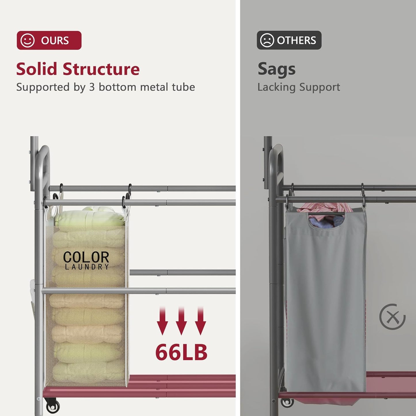 Tajsoon Laundry Hamper with Hanging Rack, 3 Section Laundry Sorter with Heavy Duty Lockable Wheels, Laundry Basket Organizer for Dirty Clothes Storage, 3 Beige - NestledHome