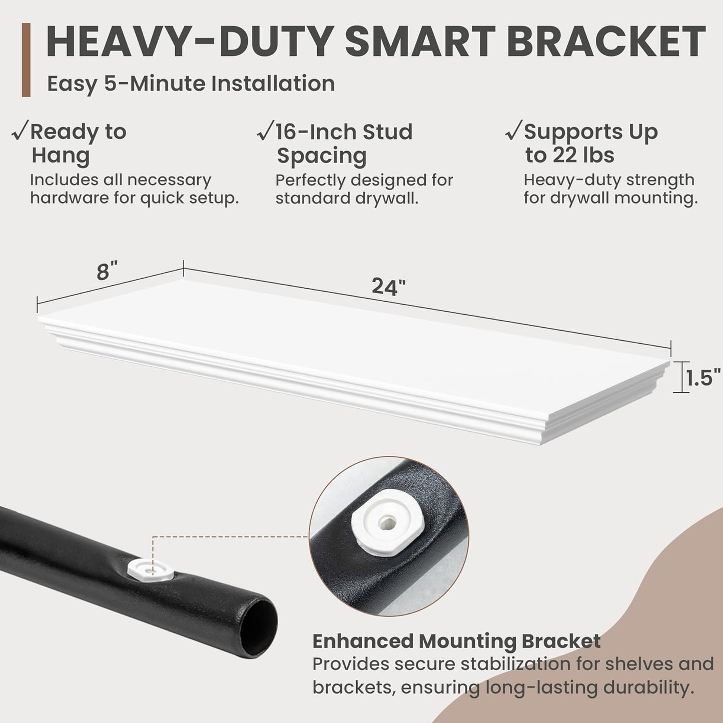 Floating Shelves for Wall, 24 Inch Long Wall Mounted White Hanging Shelf for Kitchen, Living Room, Office, Bedroom, Bathroom, Retro Vintage Wood Bookshelf for House Decor - NestledHome